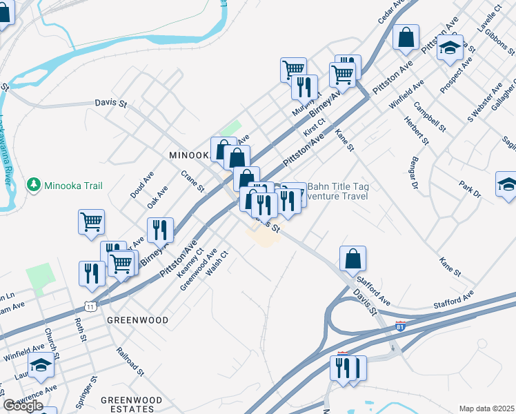 map of restaurants, bars, coffee shops, grocery stores, and more near 600 Davis Street in Scranton