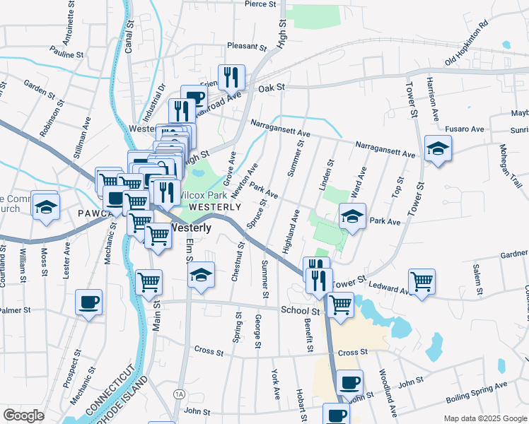 map of restaurants, bars, coffee shops, grocery stores, and more near 11 Spruce Street in Westerly