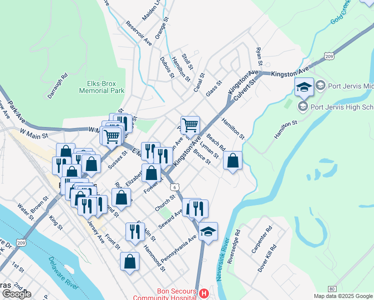 map of restaurants, bars, coffee shops, grocery stores, and more near 26 Kingston Avenue in Port Jervis