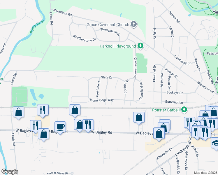 map of restaurants, bars, coffee shops, grocery stores, and more near 110 Fallingrock Way in Berea