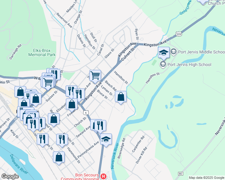 map of restaurants, bars, coffee shops, grocery stores, and more near 20 Beach Rd in Port Jervis
