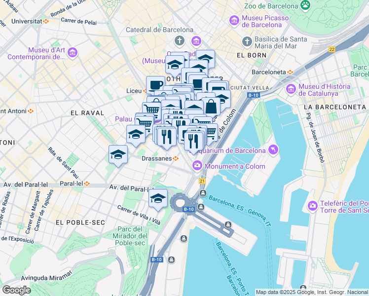 map of restaurants, bars, coffee shops, grocery stores, and more near 8 La Rambla in Barcelona