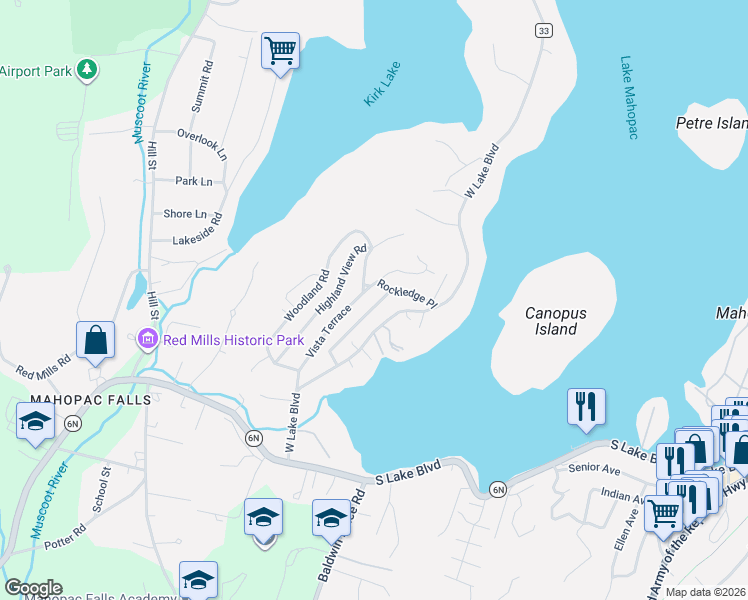 map of restaurants, bars, coffee shops, grocery stores, and more near 82 Vista Terrace in Mahopac
