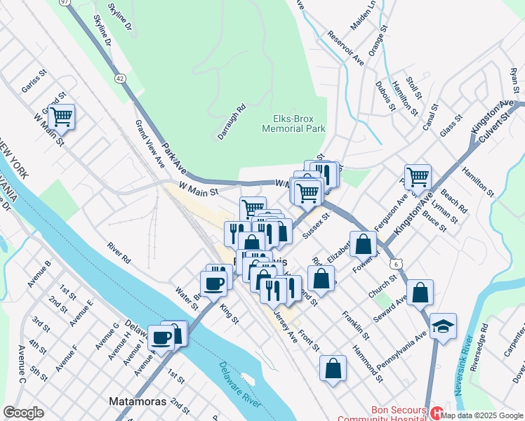 map of restaurants, bars, coffee shops, grocery stores, and more near 31 Delaware Street in Port Jervis