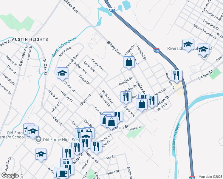map of restaurants, bars, coffee shops, grocery stores, and more near 499 Dunn Avenue in Old Forge