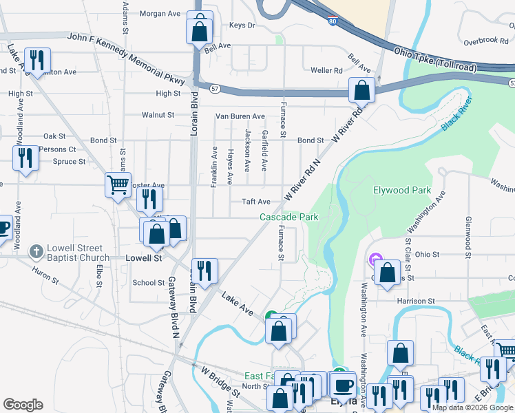 map of restaurants, bars, coffee shops, grocery stores, and more near 130 Taft Avenue in Elyria