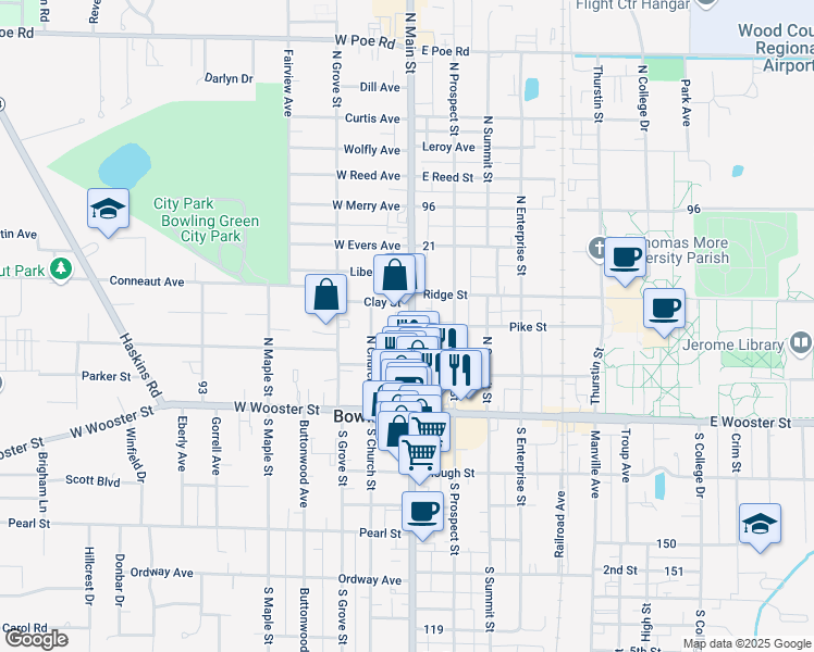 map of restaurants, bars, coffee shops, grocery stores, and more near 315 North Main Street in Bowling Green