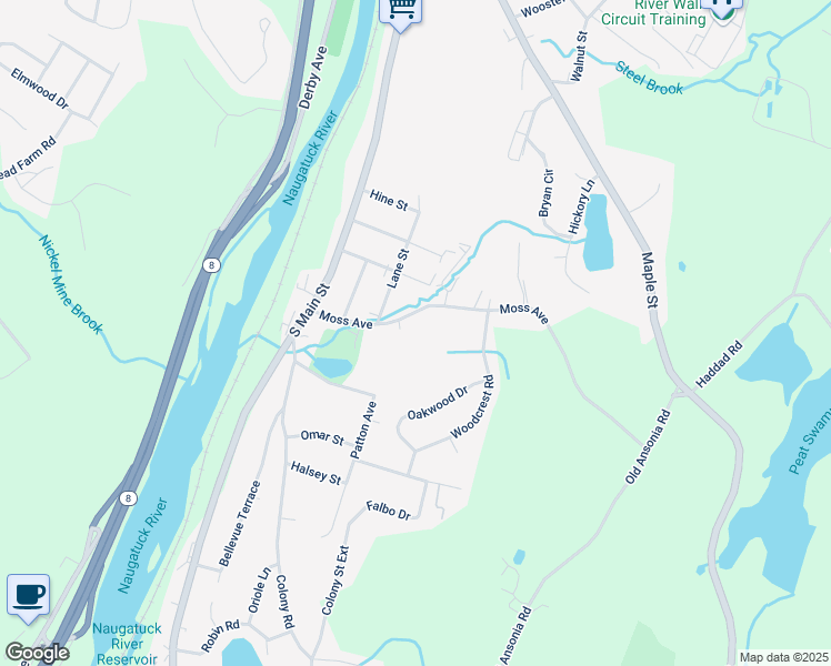 map of restaurants, bars, coffee shops, grocery stores, and more near 20 Moss Avenue in Seymour