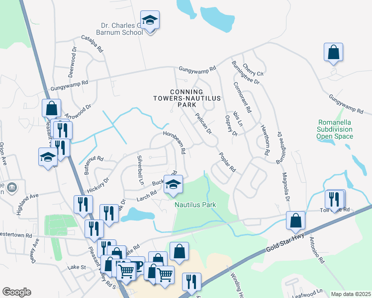 map of restaurants, bars, coffee shops, grocery stores, and more near 22 Service Berry Road in Groton