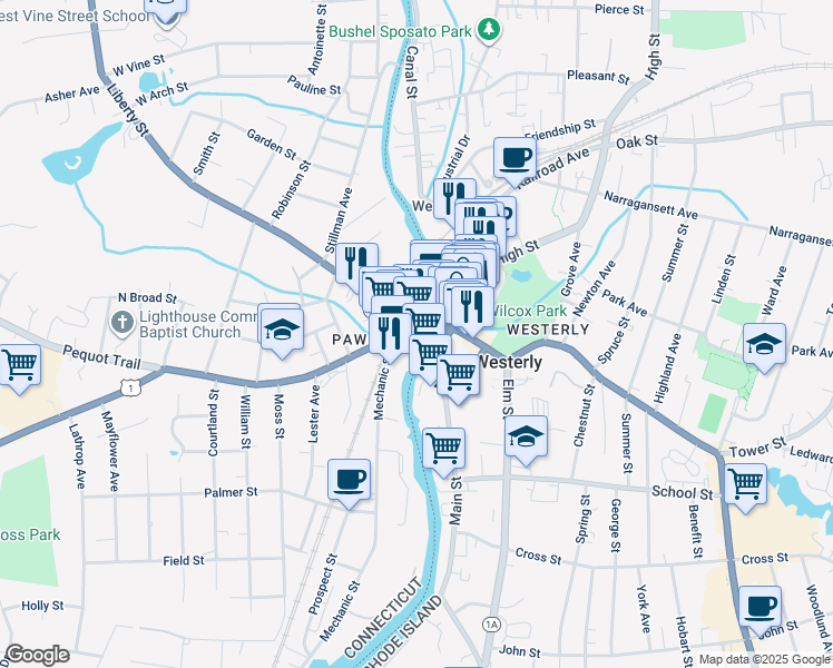 map of restaurants, bars, coffee shops, grocery stores, and more near 38 West Broad Street in Stonington