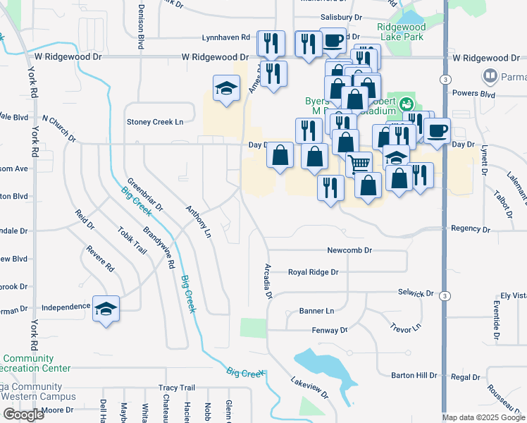 map of restaurants, bars, coffee shops, grocery stores, and more near 6871 Ames Road in Parma