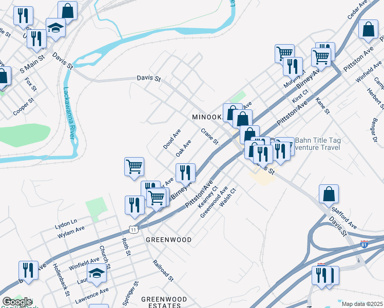 map of restaurants, bars, coffee shops, grocery stores, and more near 3242 Cedar Avenue in Scranton