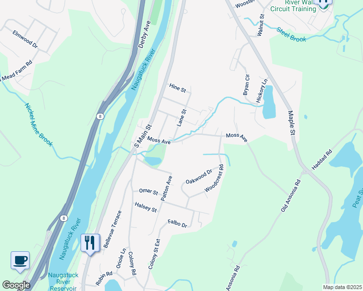 map of restaurants, bars, coffee shops, grocery stores, and more near 20 Moss Avenue in Seymour