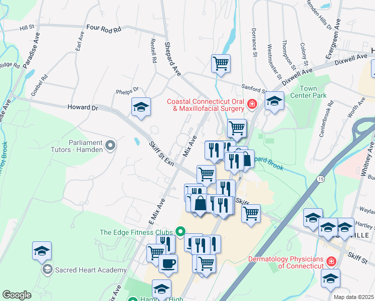 map of restaurants, bars, coffee shops, grocery stores, and more near 925 Mix Avenue in Hamden