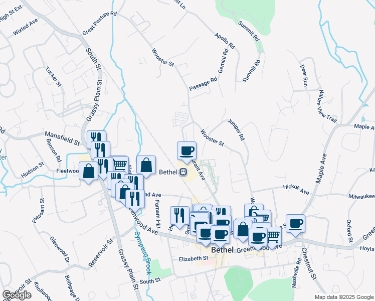 map of restaurants, bars, coffee shops, grocery stores, and more near 31 Durant Avenue in Bethel