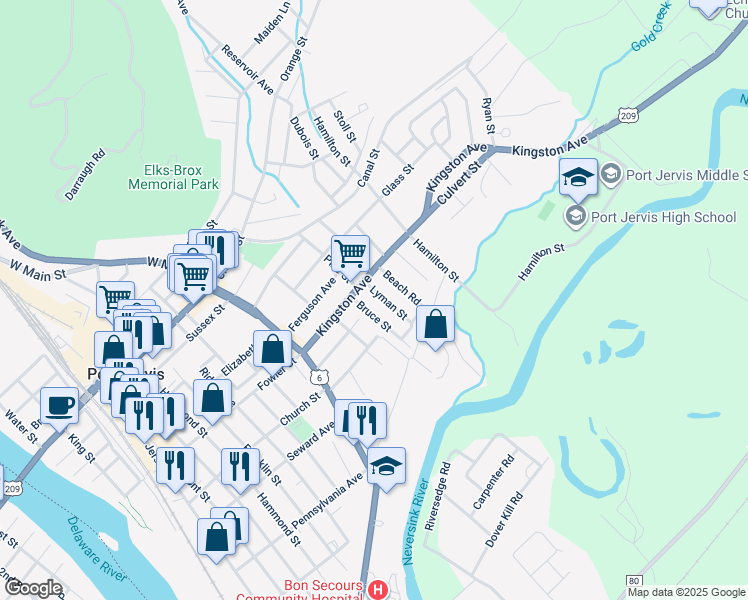 map of restaurants, bars, coffee shops, grocery stores, and more near 12 Lyman Street in Port Jervis