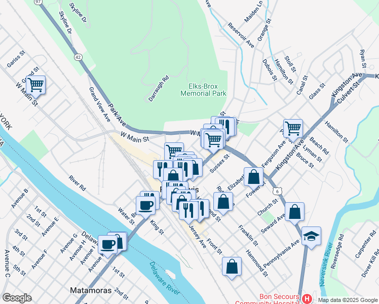 map of restaurants, bars, coffee shops, grocery stores, and more near 31 Delaware Street in Port Jervis