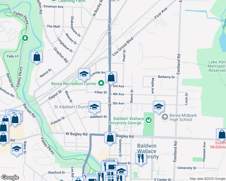 map of restaurants, bars, coffee shops, grocery stores, and more near 25 4th Avenue in Berea