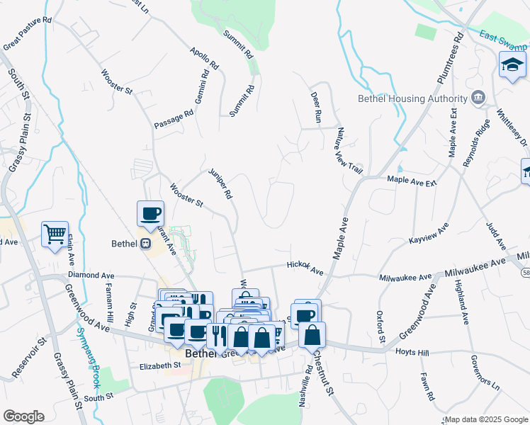 map of restaurants, bars, coffee shops, grocery stores, and more near 28 Kingswood Drive in Bethel