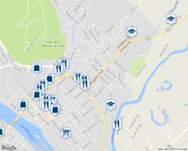 map of restaurants, bars, coffee shops, grocery stores, and more near 26 Kingston Avenue in Port Jervis