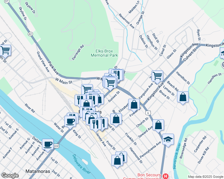 map of restaurants, bars, coffee shops, grocery stores, and more near 188 Pike Street in Port Jervis