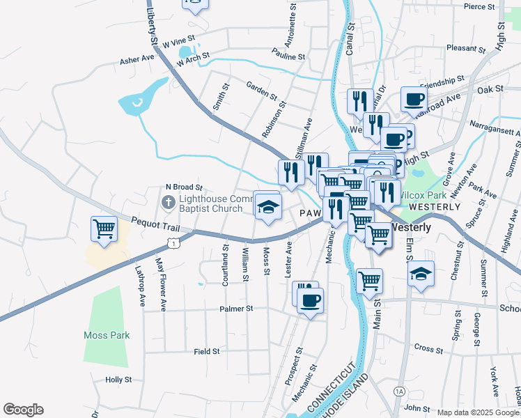 map of restaurants, bars, coffee shops, grocery stores, and more near 40 Washington Street in Stonington