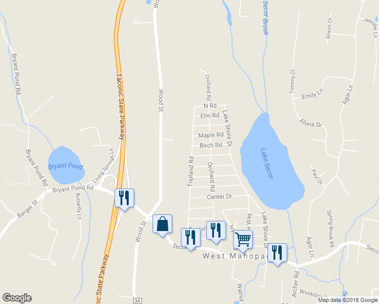 map of restaurants, bars, coffee shops, grocery stores, and more near 170 Topland Road in Mahopac