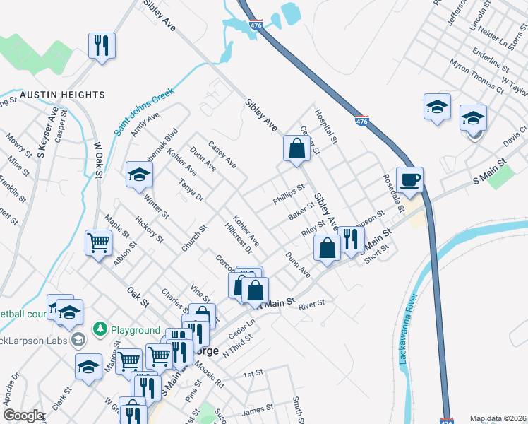 map of restaurants, bars, coffee shops, grocery stores, and more near 411 Phillips Street in Old Forge