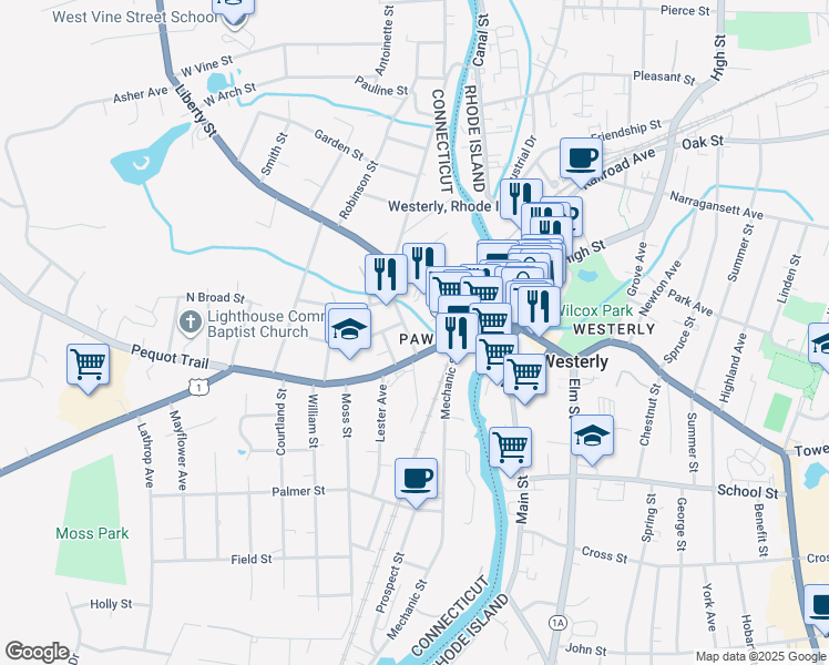 map of restaurants, bars, coffee shops, grocery stores, and more near 7 Lincoln Avenue in Stonington