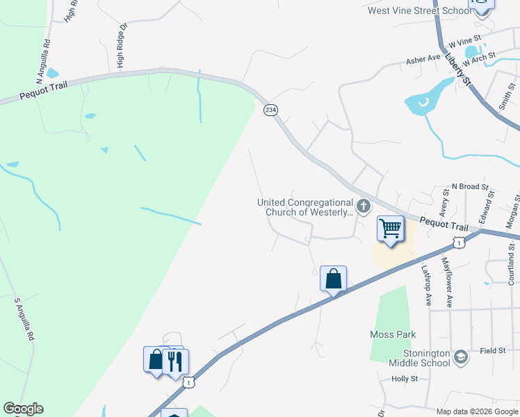 map of restaurants, bars, coffee shops, grocery stores, and more near 107 Castle Hill Road in Stonington