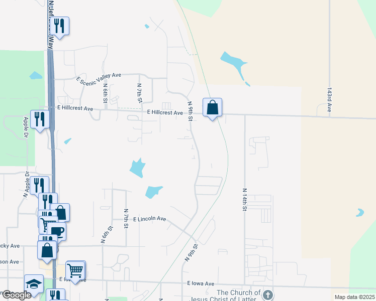 map of restaurants, bars, coffee shops, grocery stores, and more near 1605 North 9th Street in Indianola