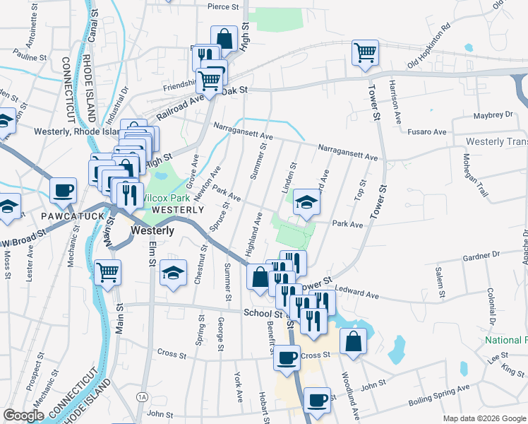 map of restaurants, bars, coffee shops, grocery stores, and more near 2 Linden Street in Westerly