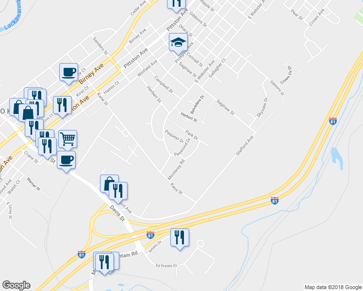 map of restaurants, bars, coffee shops, grocery stores, and more near 109 Penwood Drive in Scranton