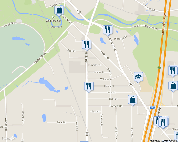 map of restaurants, bars, coffee shops, grocery stores, and more near 125 Northfield Road in Bedford Heights