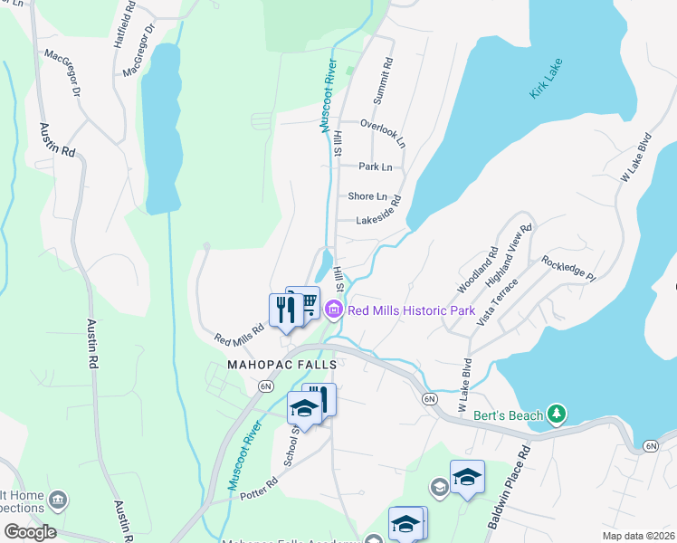 map of restaurants, bars, coffee shops, grocery stores, and more near 44 Hill Street in Mahopac
