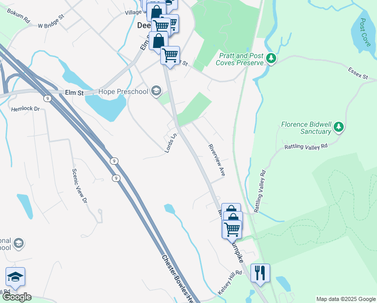 map of restaurants, bars, coffee shops, grocery stores, and more near 290 Main Street in Deep River