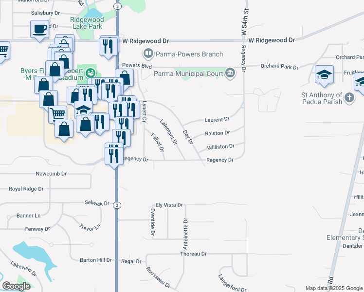 map of restaurants, bars, coffee shops, grocery stores, and more near 6899 Lalemant Dr in Parma