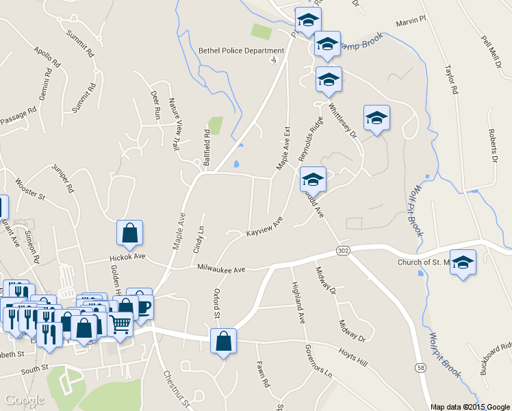map of restaurants, bars, coffee shops, grocery stores, and more near 12 Grandview Avenue in Bethel