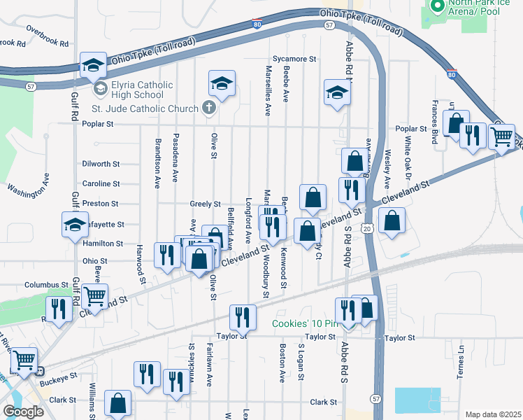 map of restaurants, bars, coffee shops, grocery stores, and more near 140 Marseilles Ave in Elyria