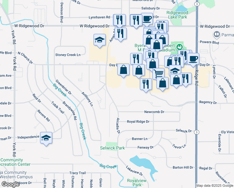 map of restaurants, bars, coffee shops, grocery stores, and more near 6871 Ames Road in Parma