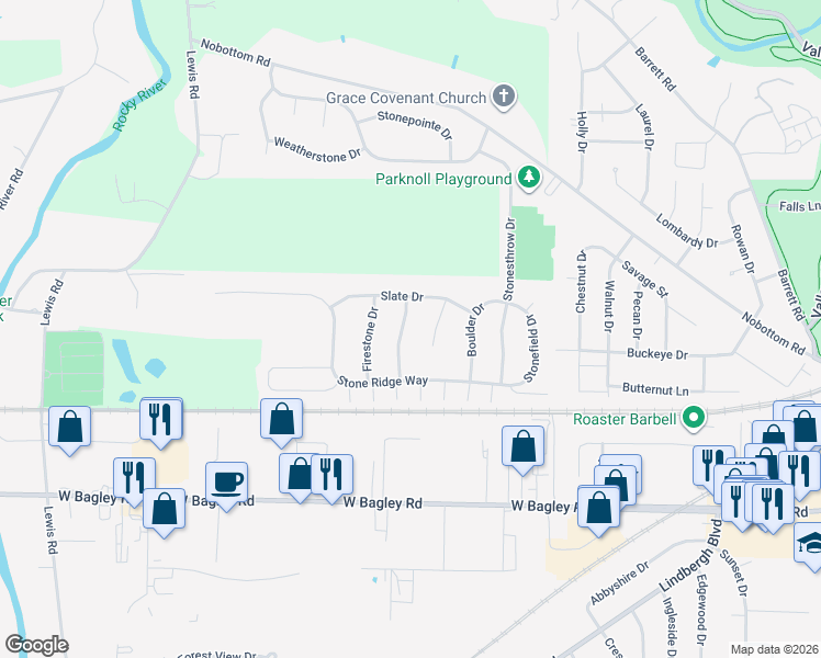 map of restaurants, bars, coffee shops, grocery stores, and more near 110 Fallingrock Way in Berea