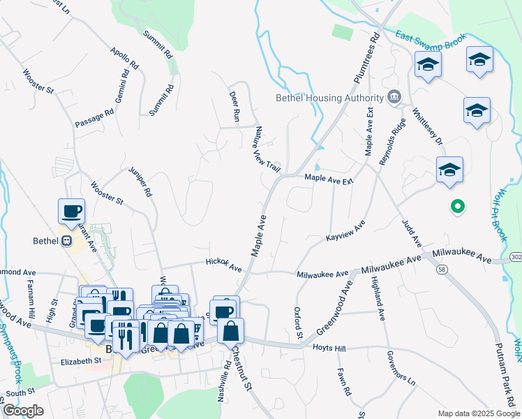 map of restaurants, bars, coffee shops, grocery stores, and more near 66 Maple Avenue in Bethel