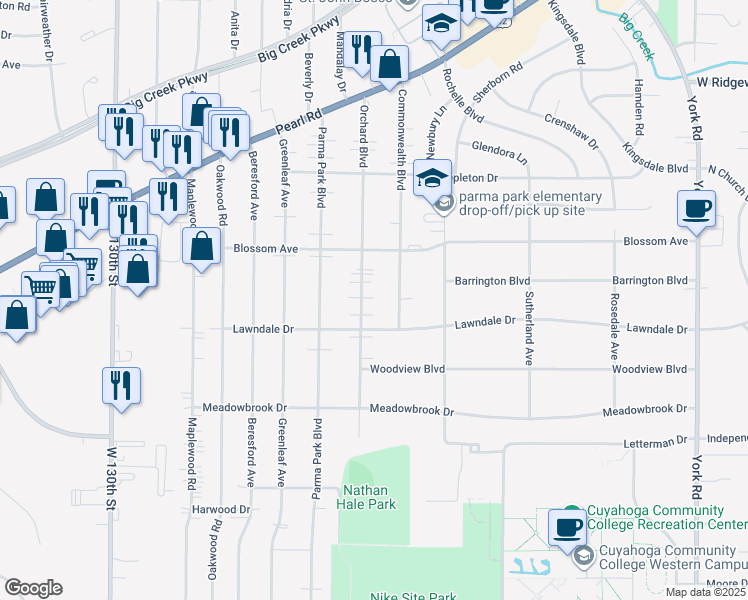 map of restaurants, bars, coffee shops, grocery stores, and more near 6853 Orchard Blvd in Parma Heights