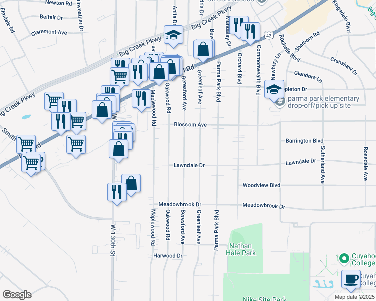 map of restaurants, bars, coffee shops, grocery stores, and more near 6853 Beresford Avenue in Parma Heights