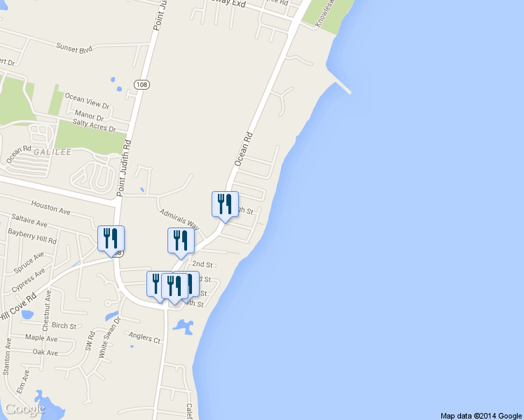 map of restaurants, bars, coffee shops, grocery stores, and more near 4 Glenwood Ave in Narragansett