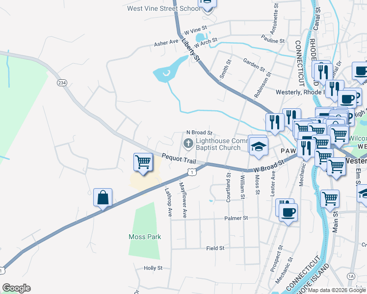 map of restaurants, bars, coffee shops, grocery stores, and more near 3 Avery St in Stonington
