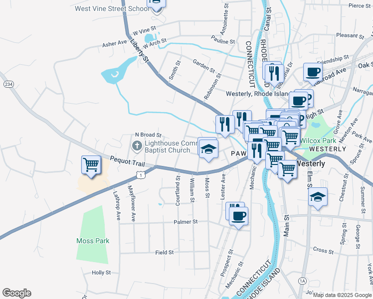 map of restaurants, bars, coffee shops, grocery stores, and more near 37 Stanton Street in Stonington