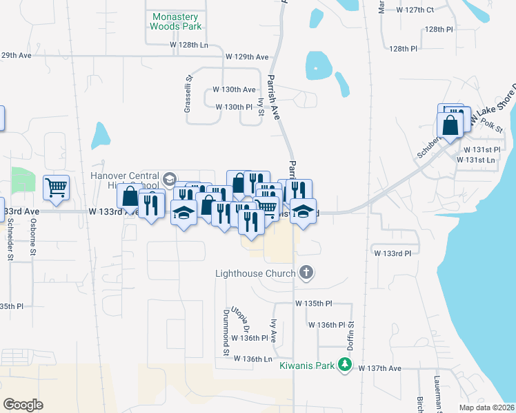 map of restaurants, bars, coffee shops, grocery stores, and more near 9720 West 133rd Avenue in Cedar Lake