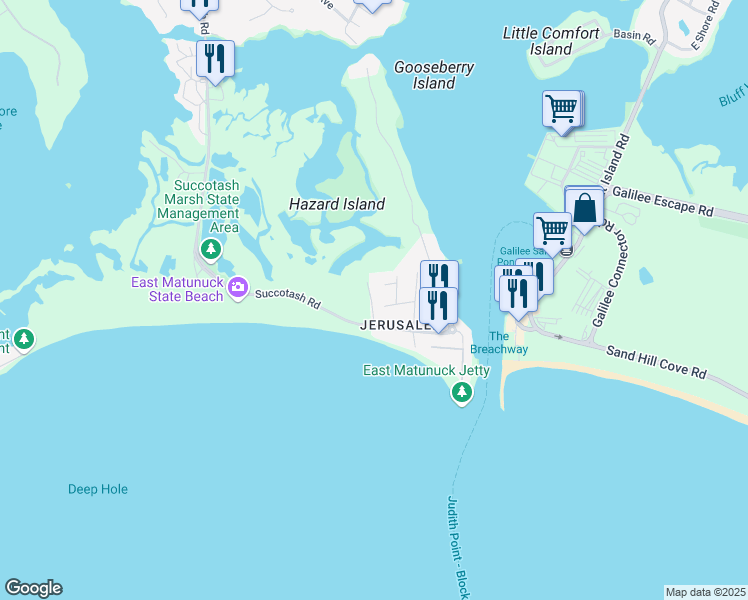 map of restaurants, bars, coffee shops, grocery stores, and more near 13 Brecka Drive in Narragansett