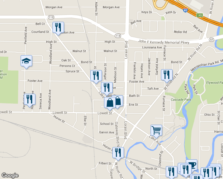 map of restaurants, bars, coffee shops, grocery stores, and more near 610 Dewey Ave in Elyria